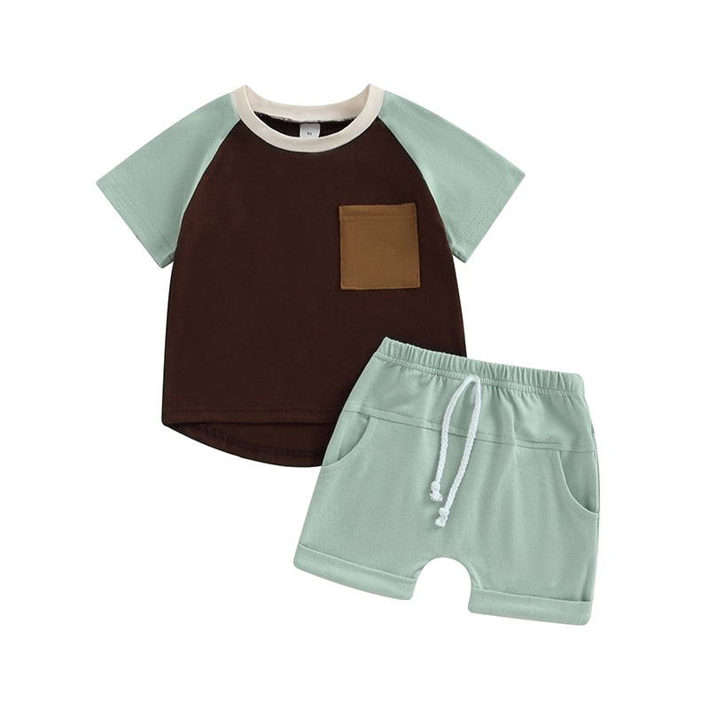 Baby Toddler Boys 2Pcs Short Sleeve Contrast Color Tops Drawstring Shorts Outfit