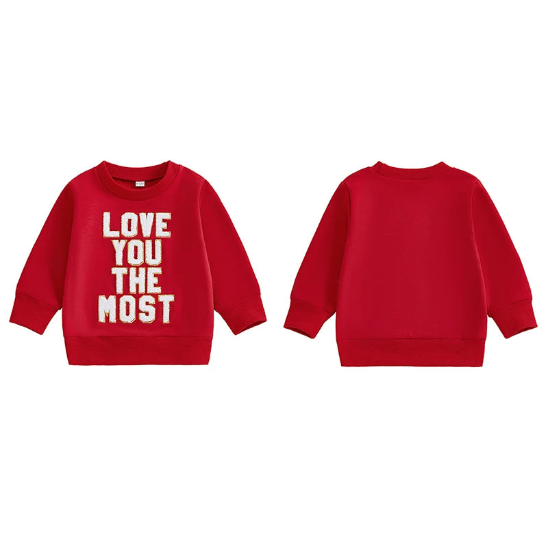 Baby Toddler Girls Boys Love You The Most Valentine's Day Letter Embroidery Long Sleeve Pullover Casual Top Valentines