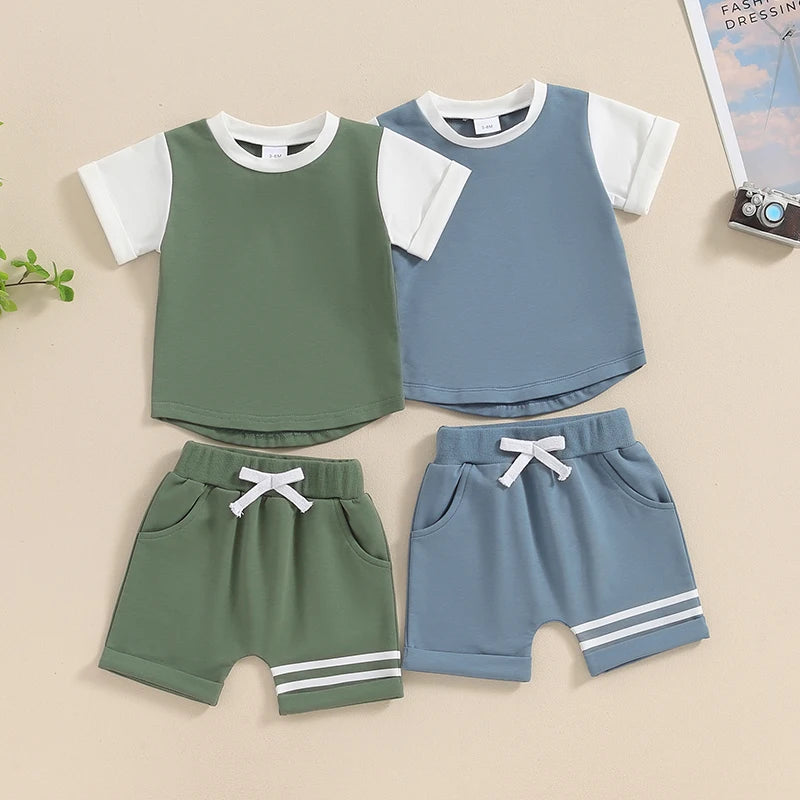 Toddler Baby Boys 2Pcs Short Sleeve Contrast Color Top and Drawstring Shorts Stripes Set Outfit