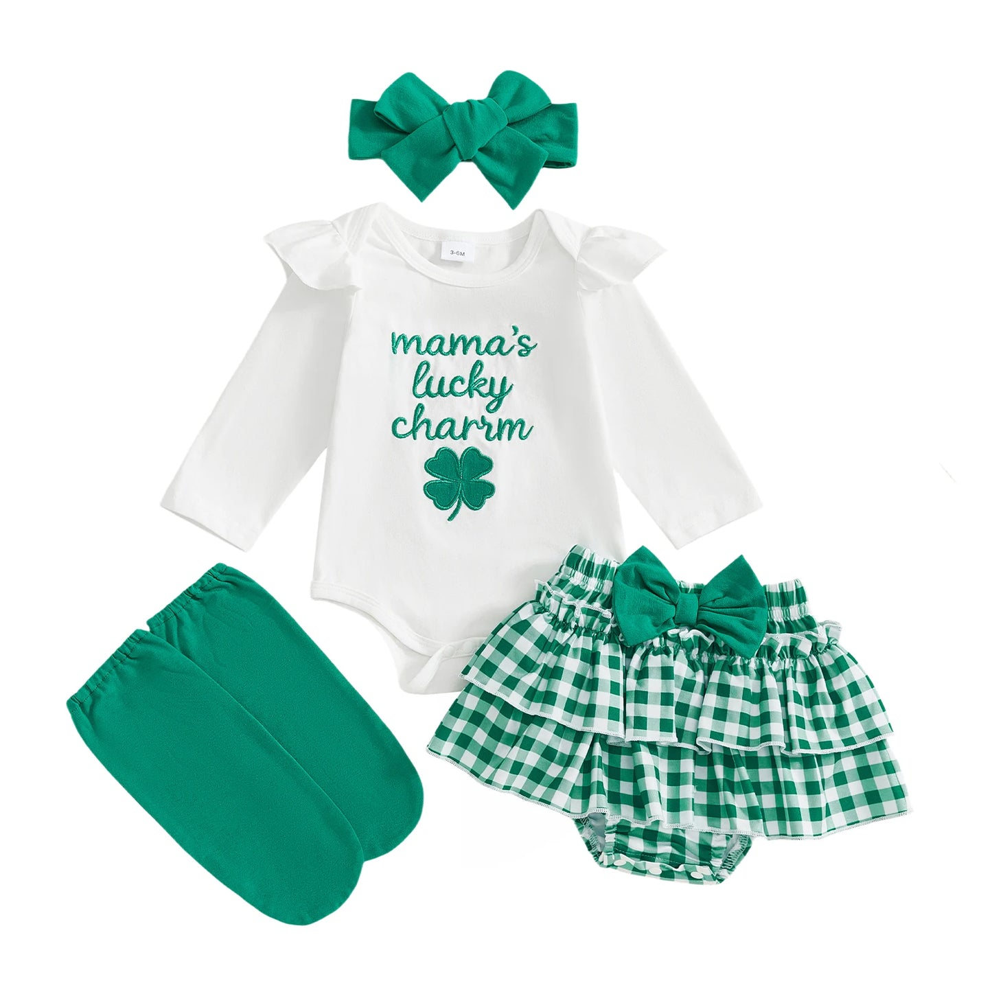 Baby Girl 4Pcs Mama's Lucky Charm St. Patrick's Day Outfit Clover Long Sleeve Romper Ruffle Shorts Headband and Leg Warmers Spring Set