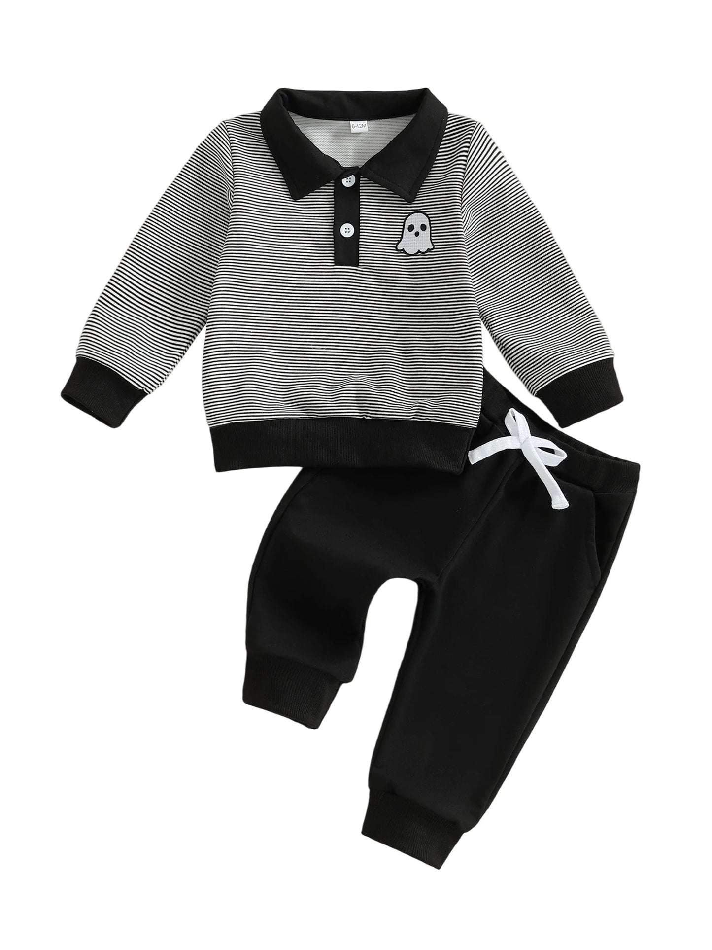 Baby Toddler Boys 2Pcs Halloween Outfit Ghost Embroidery Striped Long Sleeve Top with Pants Jogger Set