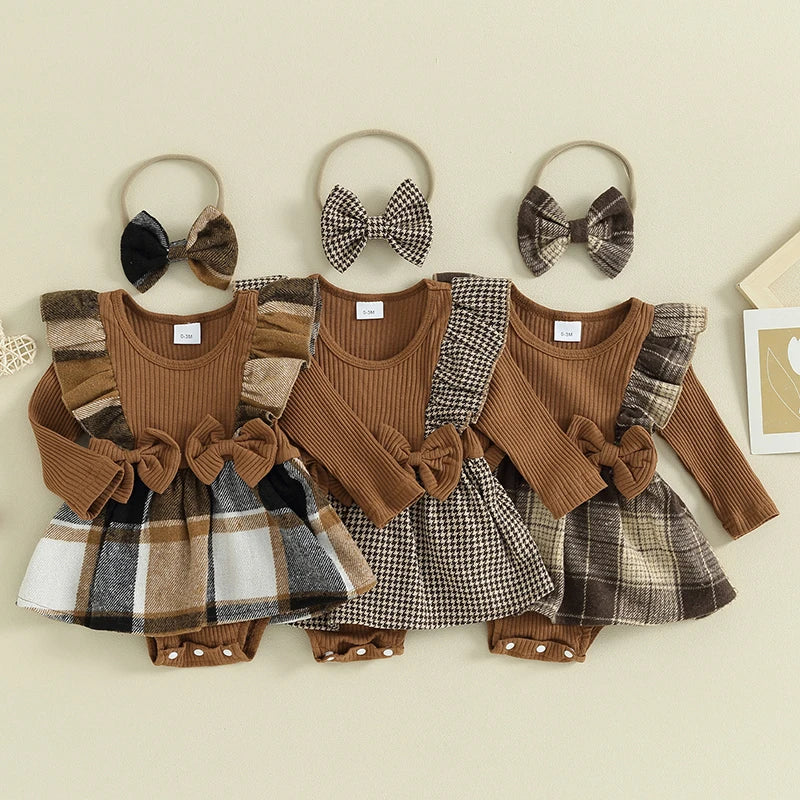 Baby Girls 2Pcs Autumn Romper Dress Long Sleeve Ruffle Houndstooth / Plaid Print Romper Overall Skirt With Headband Set