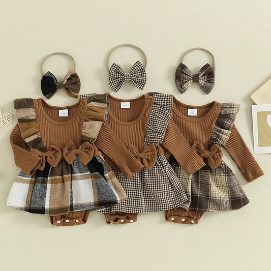 Baby Girls 2Pcs Autumn Romper Dress Long Sleeve Ruffle Houndstooth / Plaid Print Romper Overall Skirt With Headband Set