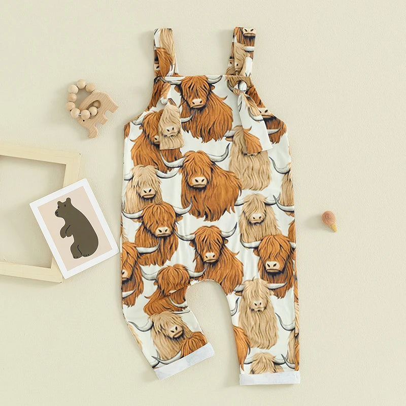 Baby Girl Boy Overalls Romper Farm Animals Print Highland Cows Tractors Sleeveless Tank Top Jumpsuit Pants