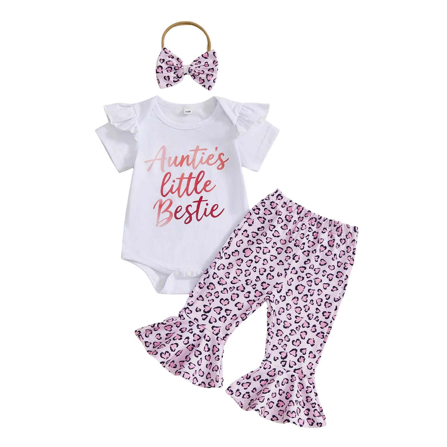 Baby Girl 3Pcs Auntie's Little Bestie Spring Outfits Letter Short Sleeve Romper with Leopard Pattern Flare Pants and Bow Headband Set