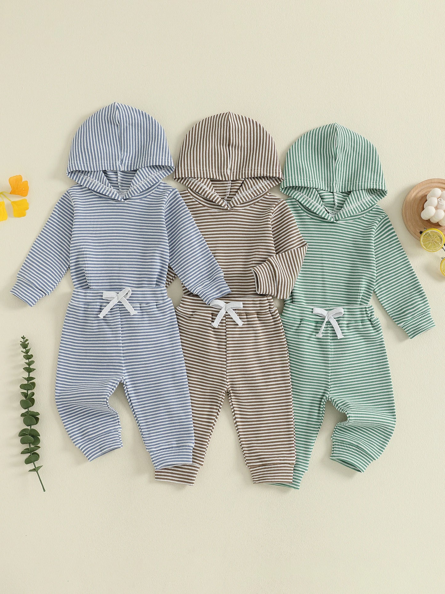 Baby Toddler Boys 2Pcs Striped Sets Fashionable Long Sleeve Hooded Romper with Jogger Pants 2Pcs Outfits
