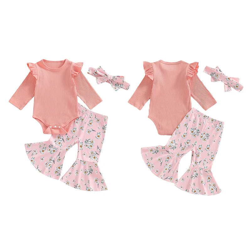 Baby Girls 3Pcs Fall Outfit Long Sleeve Ribbed Romper with Floral Flower Print Flare Pants and Headband Set