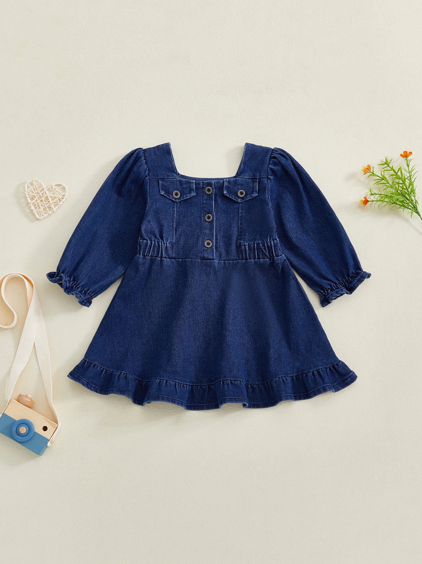 Baby Toddler Girl Denim Dress Long Puff Sleeve Button Down A-Line Dress Ruffle Dress
