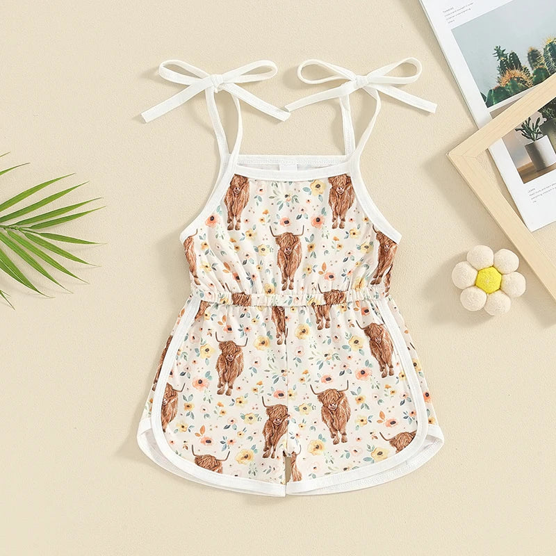 Baby Toddler Girl Western Shorts Romper Floral Flowers Cattle Highland Cow Print Sleeveless Sling Tie-Up Tank Top Overalls Jumpsuit