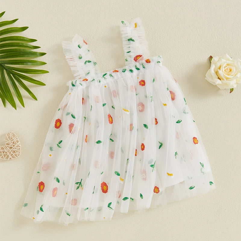 Baby Toddler Girls Princess Dress Sleeveless Flower Embroidery A-line Tulle Tank Top Dresses Clothes