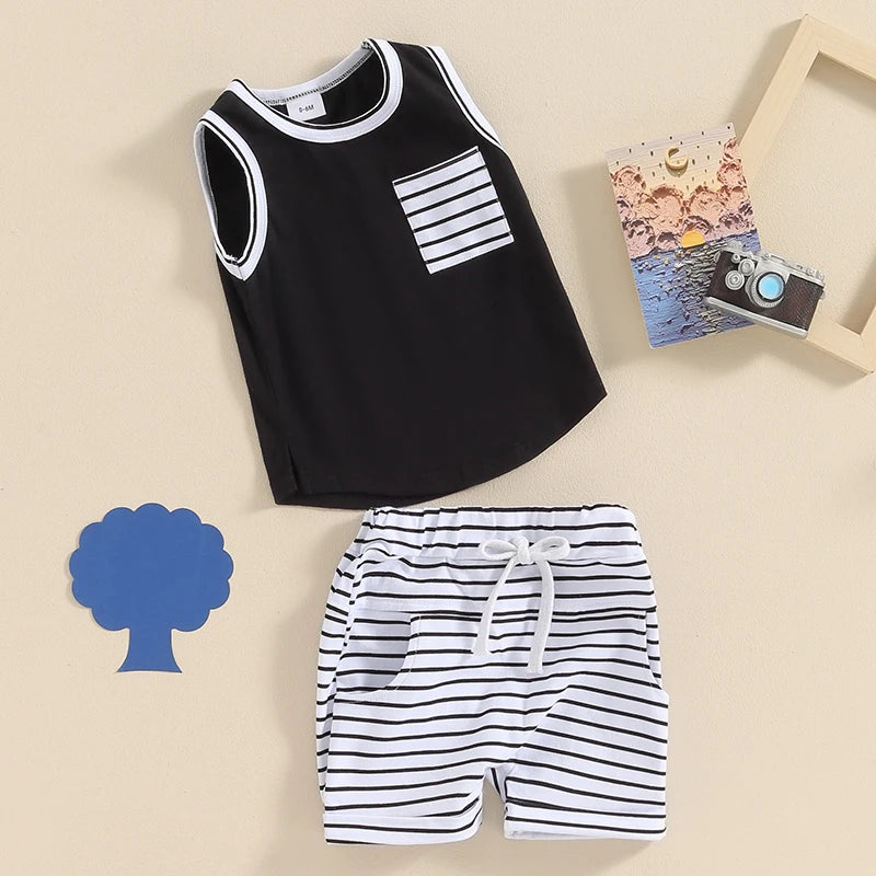 Baby Toddler Boys 2Pcs Summer Outfit Pocket Sleeveless Tank Top and Stripe Elastic Waist Shorts Clothes Set