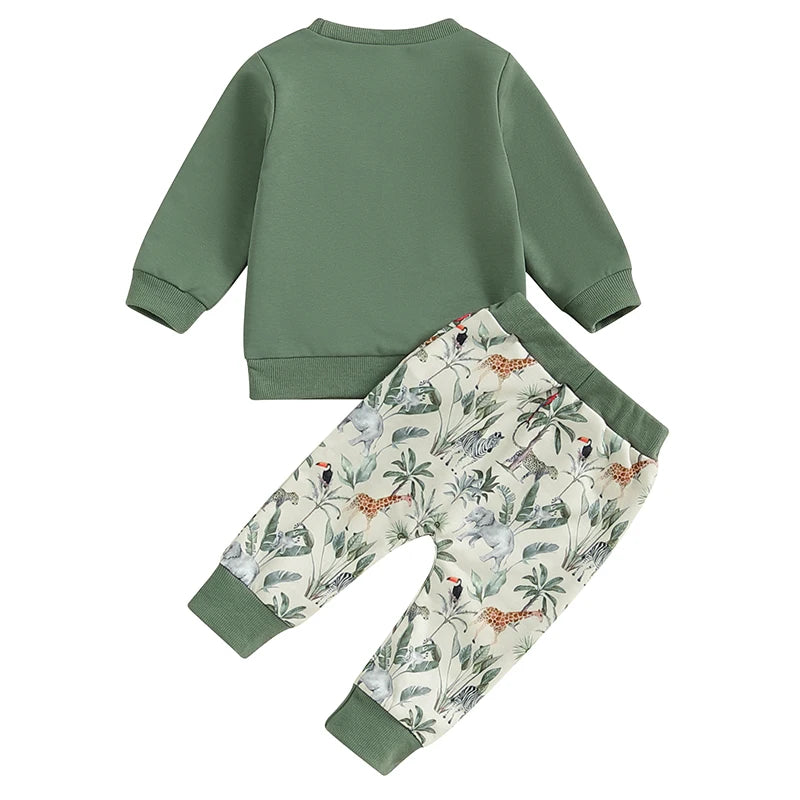 Baby Boys 2Pcs Wild ONE Outfit Long Sleeve Crew Neck Letter Print Top Jungle Animal Print Pants Fall Set