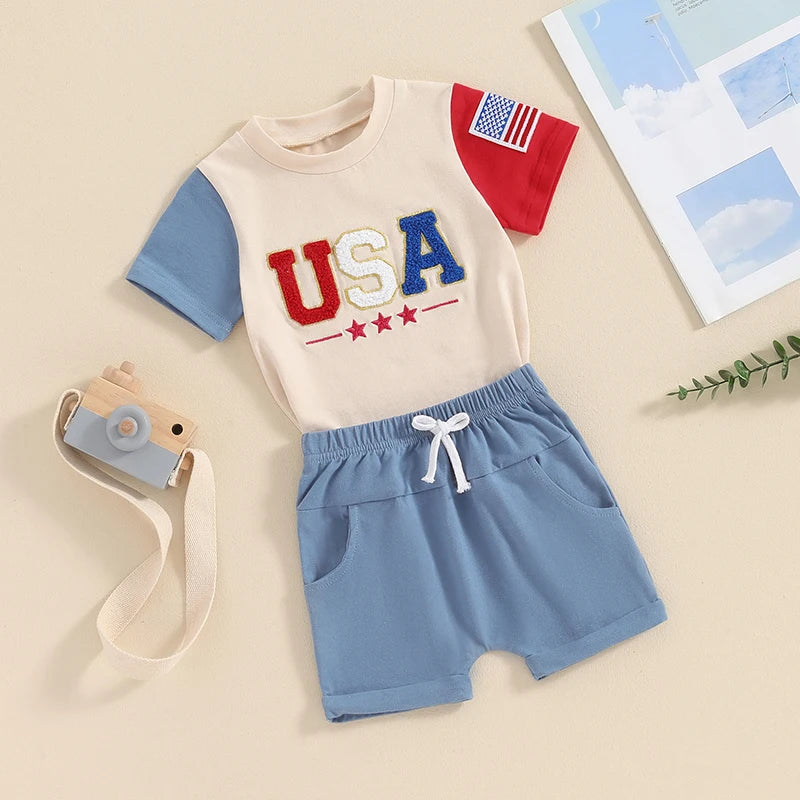 Baby Toddler Boys 2Pcs 4th of July Short Sleeve Letter USA Embroidery Flag Top Solid Color Drawstring Shorts Set