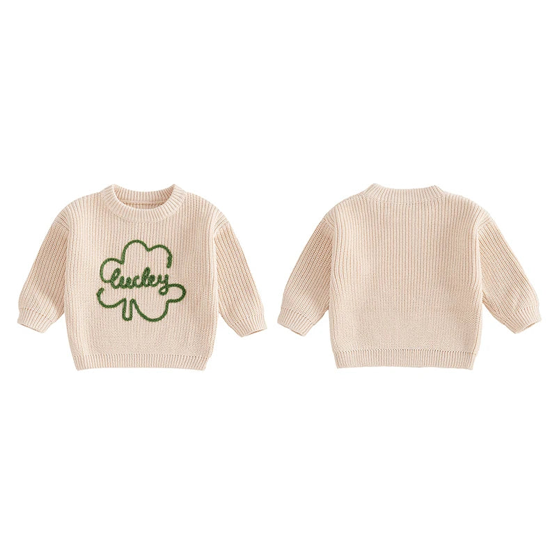 Baby Toddler Kids Boys Girls Lucky Knit Sweater Long Sleeve Round Neck Shamrock Letter Embroidery Pullover Spring St. Patrick's Day Top