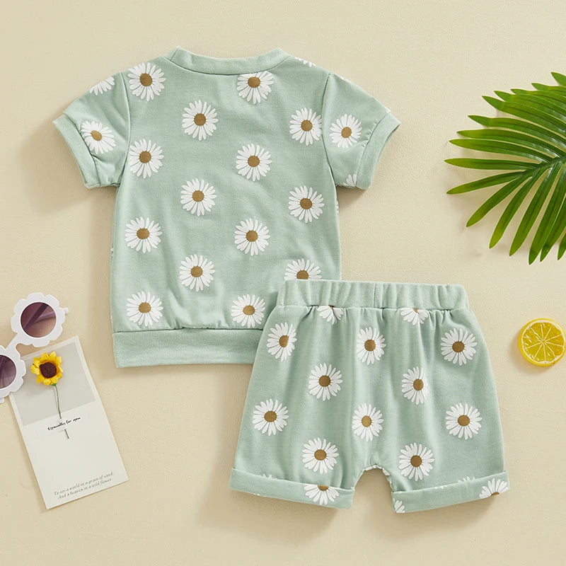 Baby Toddler Girls 2Pcs Spring Summer Clothes Short Sleeve Daisy Flower Print Crew Neck Top Elastic Rolled Shorts Set Outfit