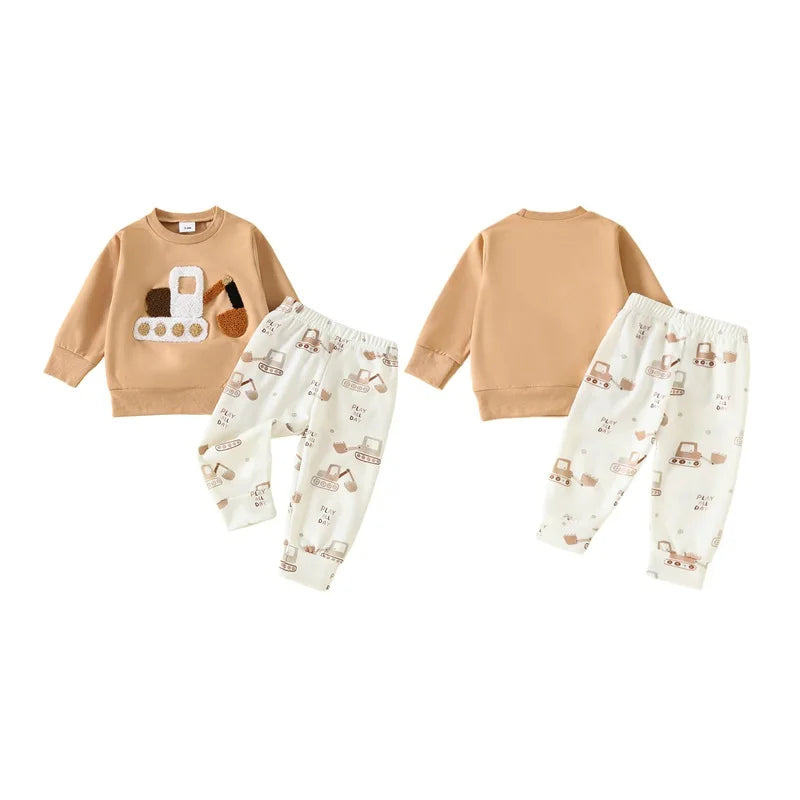 Baby Toddler Boys 2Pcs Outfit Car Tractor Embroidery Long Sleeve Pullover Crewneck Top Elastic Waist Pants Jogger Set