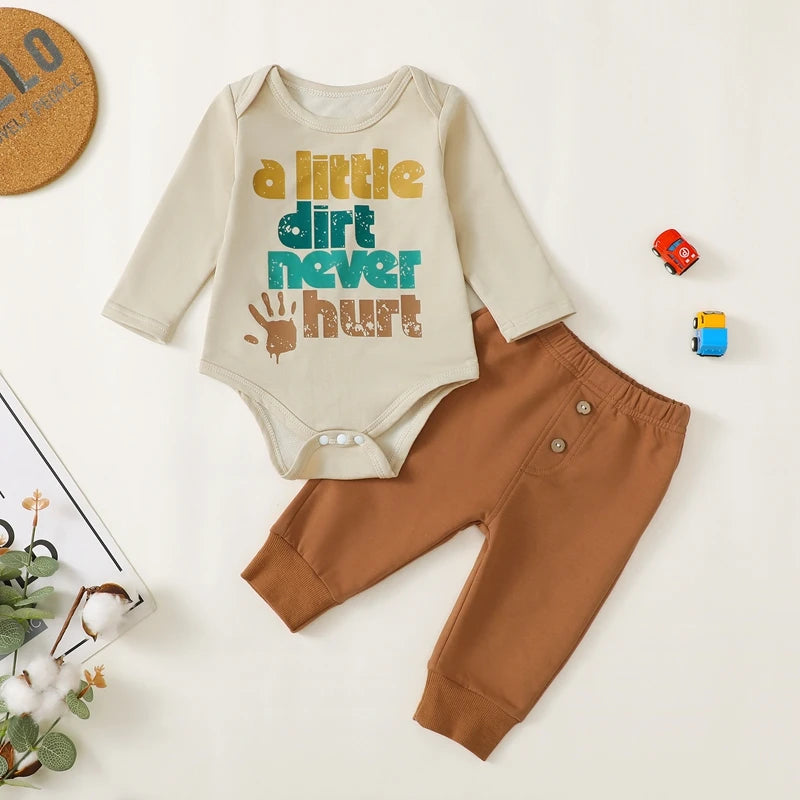 Baby Boys 2Pcs A Little Dirt Never Hurt Outfit Long Sleeve Letter Palm Hand Letter Tractor Print Romper Solid Color Pants Set