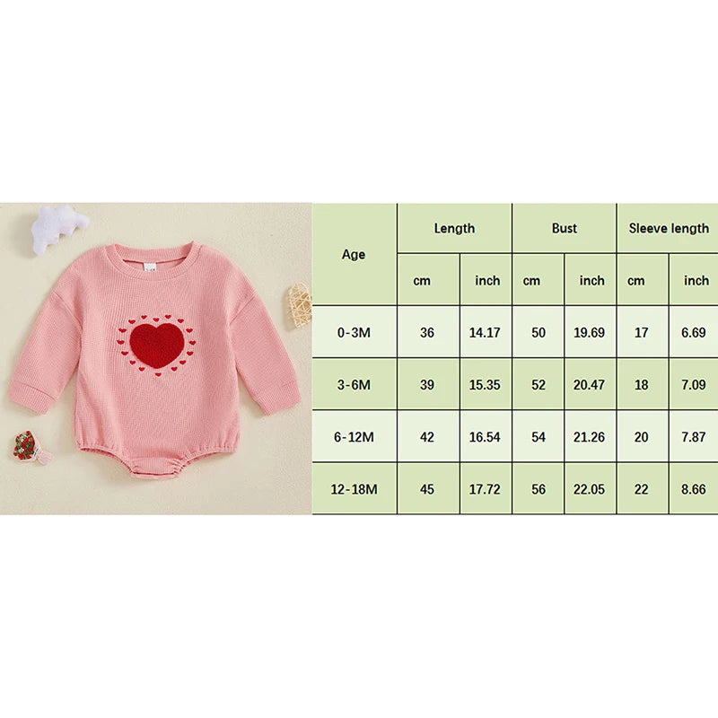 Baby Toddler Girls Waffle Romper Heart Valentines Embroidery Long Sleeve Jumpsuits Valentine's Day