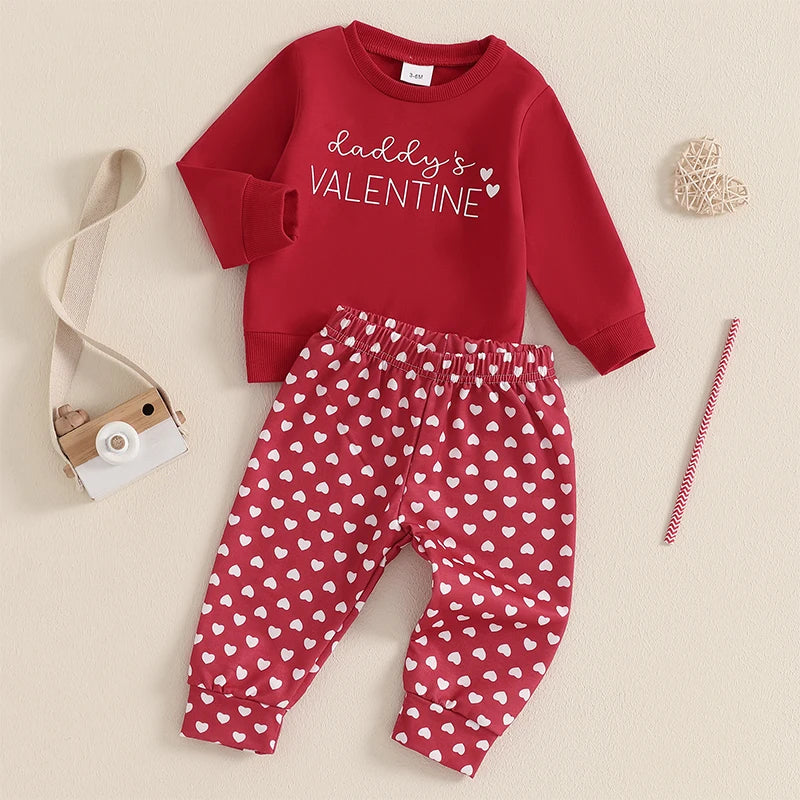 Baby Toddler Girls 2Pcs Daddy's Valentine Valentine's Day Outfit Letter Print Long Sleeve Crewneck Top with Heart Pattern Long Jogger Pants Valentines Set