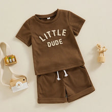 Load image into Gallery viewer, Toddler Baby Boy 2Pcs Little Dude Spring Summer Clothes Fuzzy Letter Waffle Short Sleeve Top Elastic Waist Shorts Set Outfit
