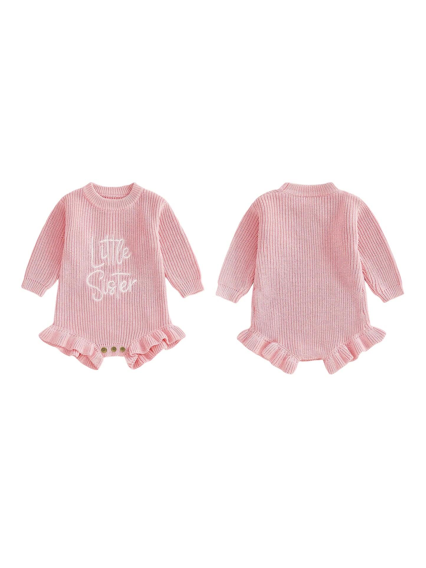 Baby Girl Sweater Romper Little Sister Long Sleeve Round Neck Letter Embroidery Knit Bodysuit