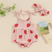 Load image into Gallery viewer, Baby Toddler Girl 2Pcs Summer Jumpsuit Strawberry Print Sleeveless Tie Tank Top Romper and Headband Set Clothes Outfits
