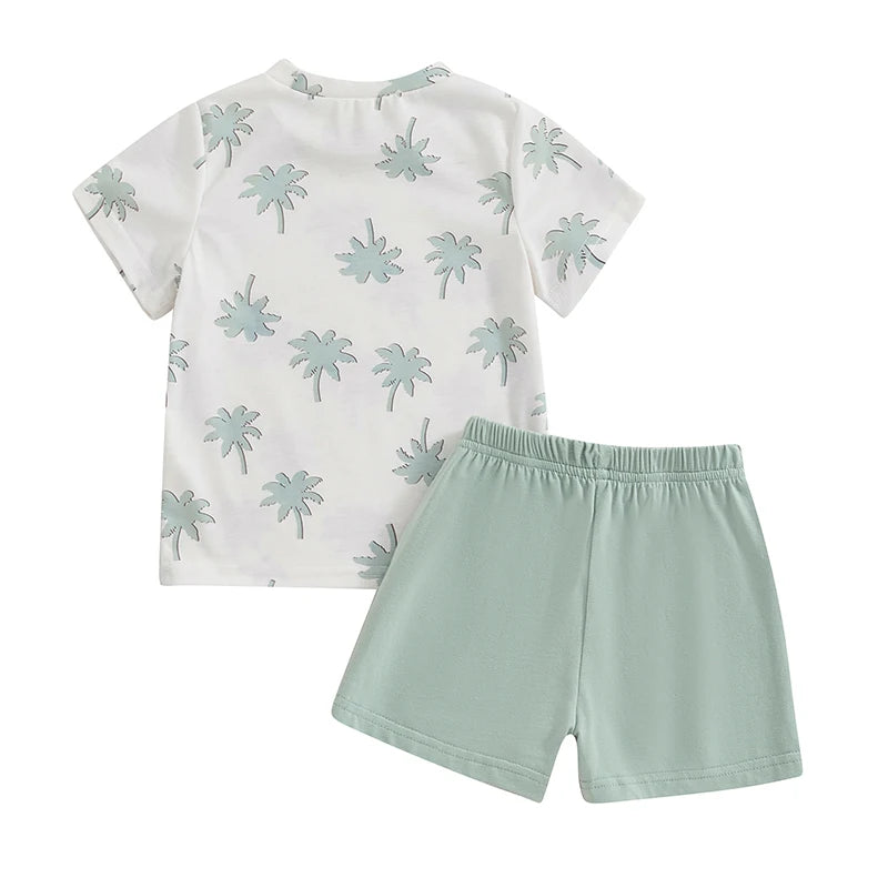 Baby Toddler Boys 2Pcs Summer Outfit Short Sleeve Palm Tree Print Top and Drawstring Shorts Set