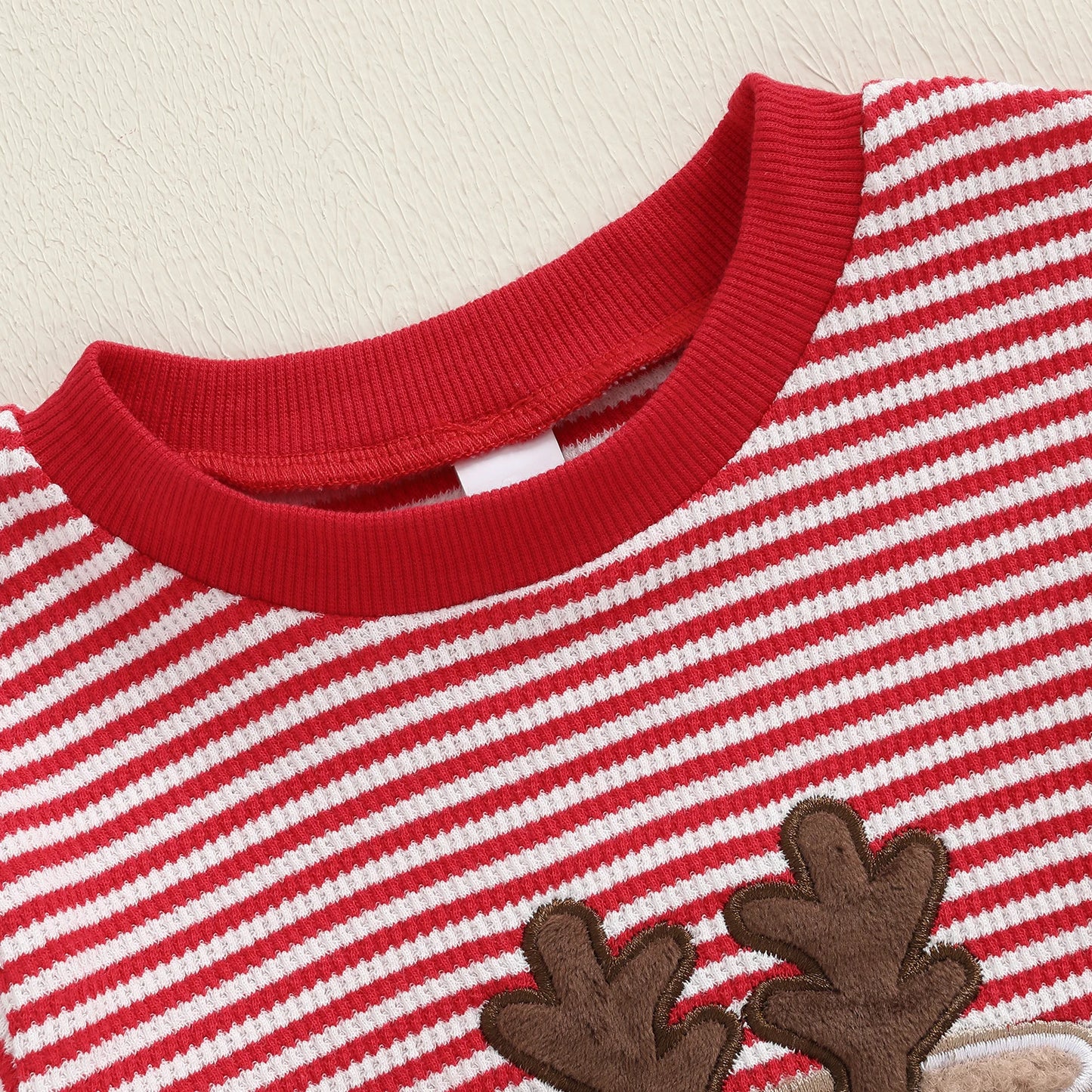 Baby Boys Girls Striped Romper Fashionable Christmas Reindeer Embroidery Round Neck Long Sleeve Jumpsuit