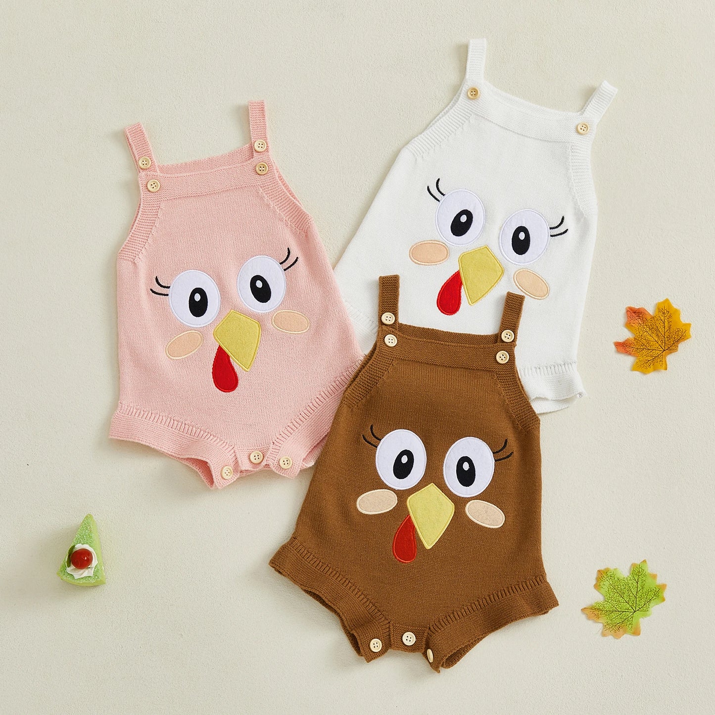 Baby Girl Thanksgiving Knit Romper Cute Turkey Print Square Neck Sleeveless Infant Jumpsuit Overalls
