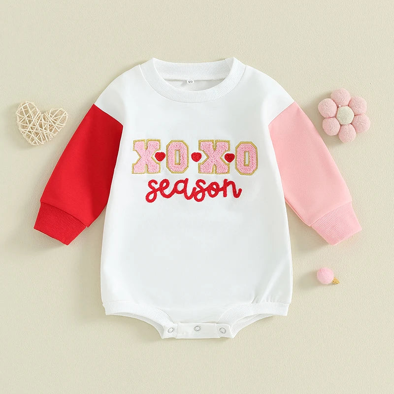 Baby Toddler Boy Girl Valentine’s Day Romper XOXO Season Jumpsuit Long Sleeve Print Patchwork