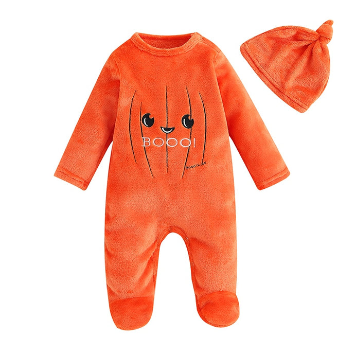 Baby Boy Girl 2Pcs Halloween Rompers Pumpkin Pattern Long Sleeve Fleece Footed Jumpsuit and Hat