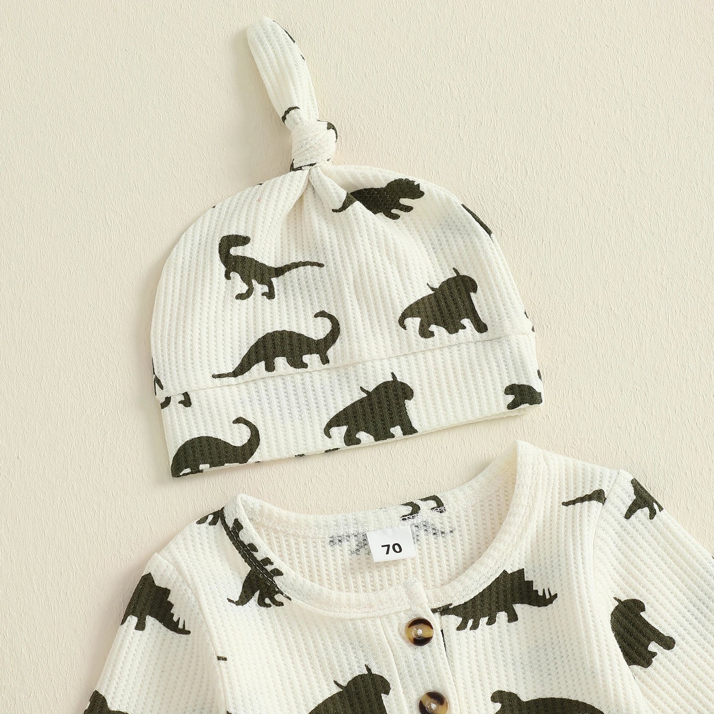 Baby Boys Girls 2Pcs  Jumpsuit Set Long Sleeve Crew Neck Dinosaur Print Fall Casual Romper with Hat