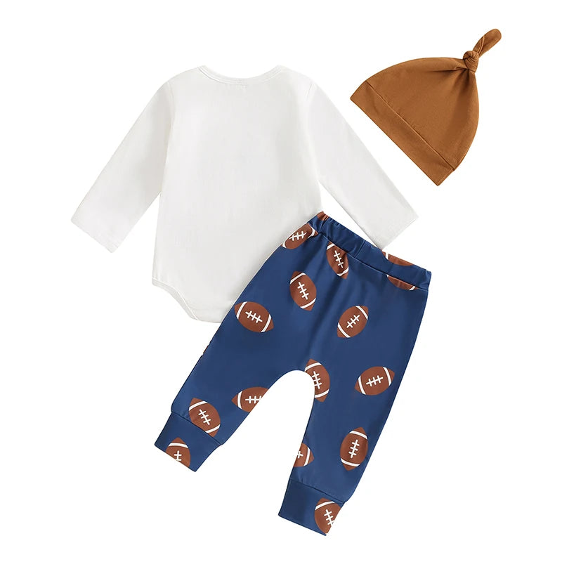 Baby Boy 3Pcs My First Game Day Fall Outfit Letter Print Long Sleeve Romper with Football Pattern Pants and Hat Set