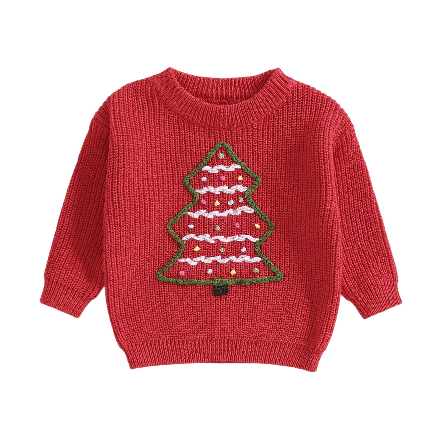 Baby Toddler Boys Girls Christmas Sweater Christmas Tree Embroidered Ribbed Long Sleeve Knitted Top for Winter