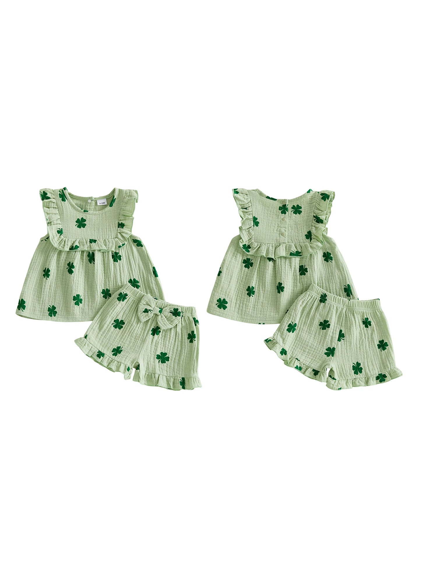 Baby Toddler Girls 2Pcs Irish Outfit Sleeveless Clover Shamrock Print Ruffle Top Shorts Set St. Patrick's Day