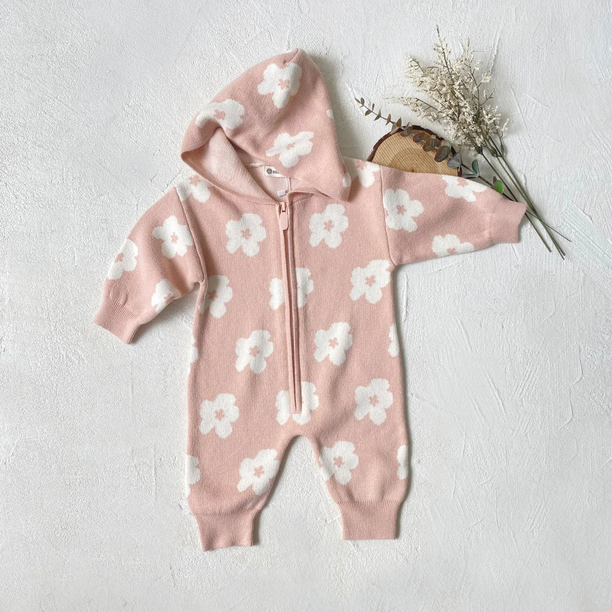 Floral Knitted Zip Up Hooded Jumpsuit Romper