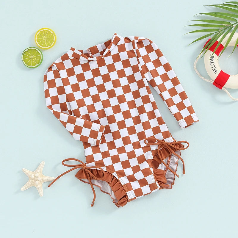 Baby Toddler Girls Beach Swimwear Long Sleeve Checkerboard Plaid Print Ruffle Romper Bathing Suit