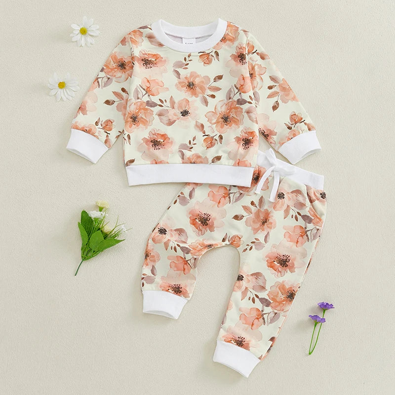 Baby Toddler Girl 2Pcs Spring Fall Outfit Long Sleeve Flower Print Top + Pants Jogger Set