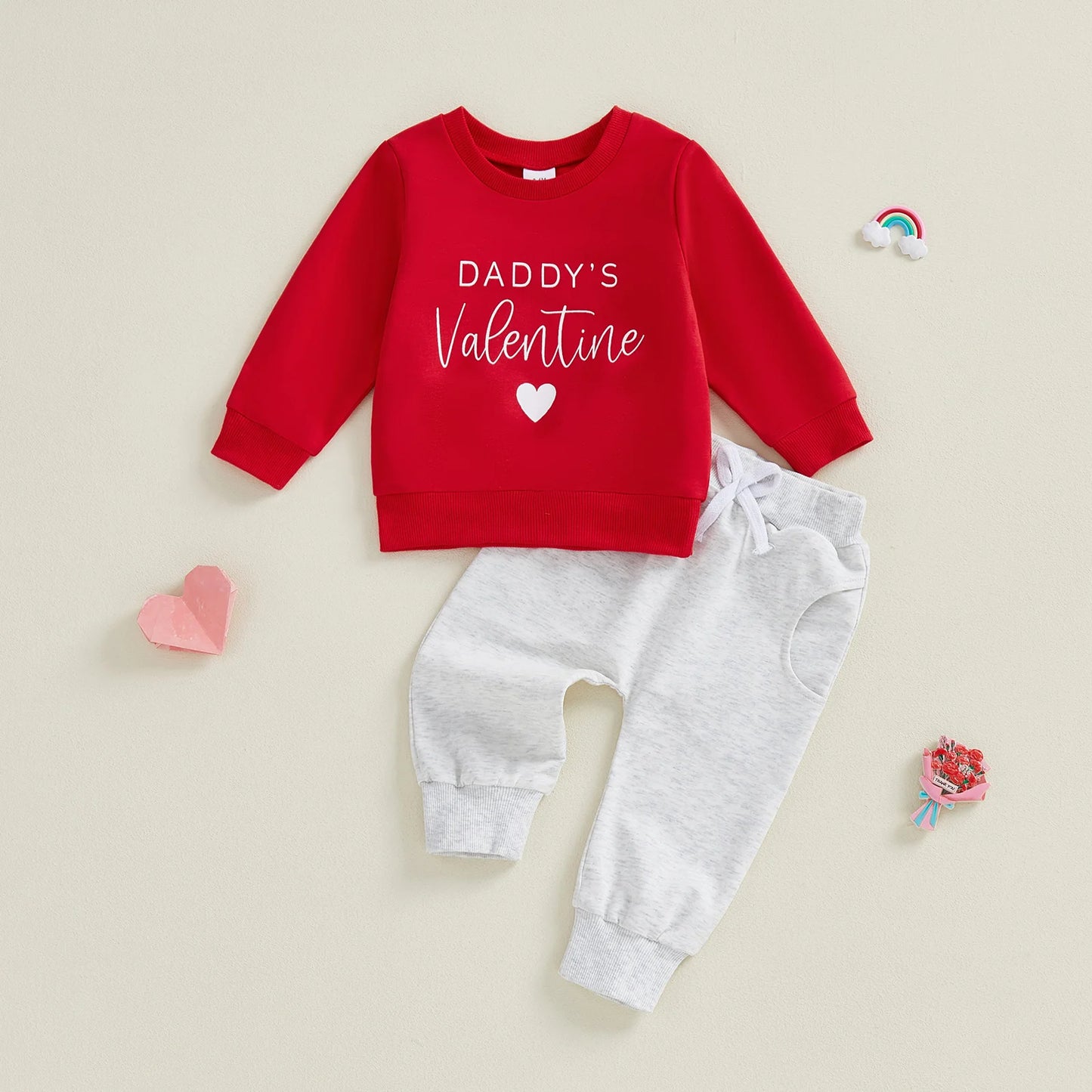 Baby Toddler Girls Boys 2Pcs Valentines Day Outfit Daddy's / Mama's Valentine Heart Letter Long Sleeve Top and Solid Joggers 2 Piece Jogger Set