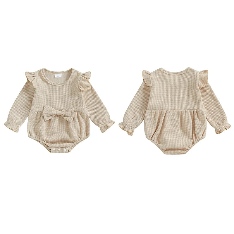 Baby Girls Romper Long Sleeve Crew Neck Bow Ruffle Bodysuit