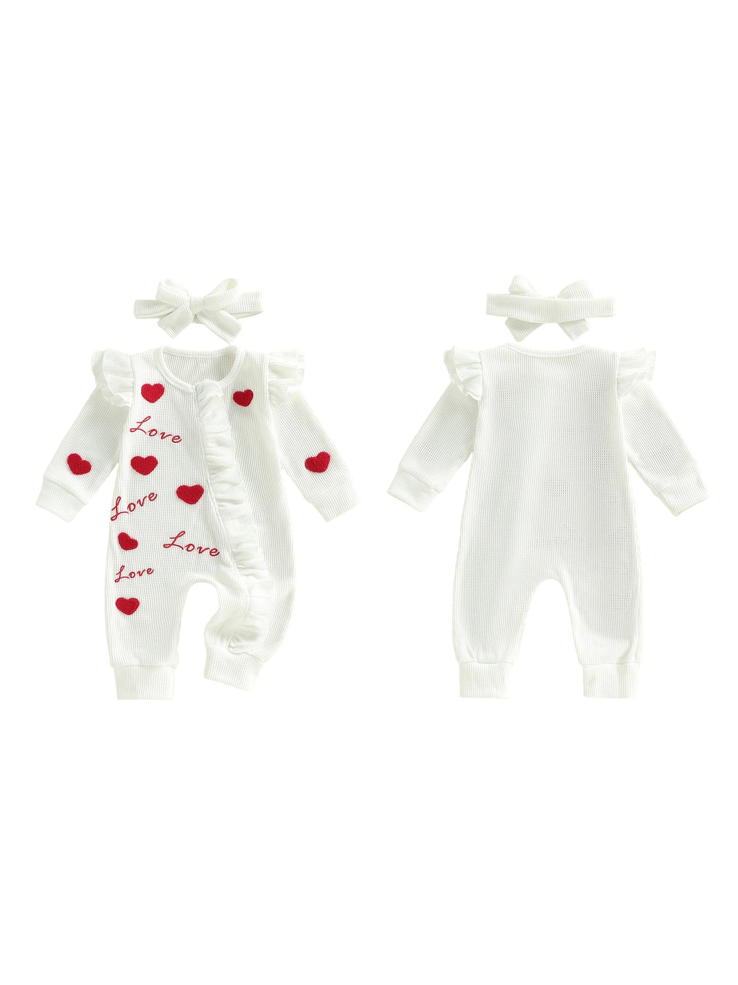 Baby Girl 2Pcs Valentine's Day Outfit Long Sleeve Round Neck Heart Love Embroidery Jumpsuit with Headband Set