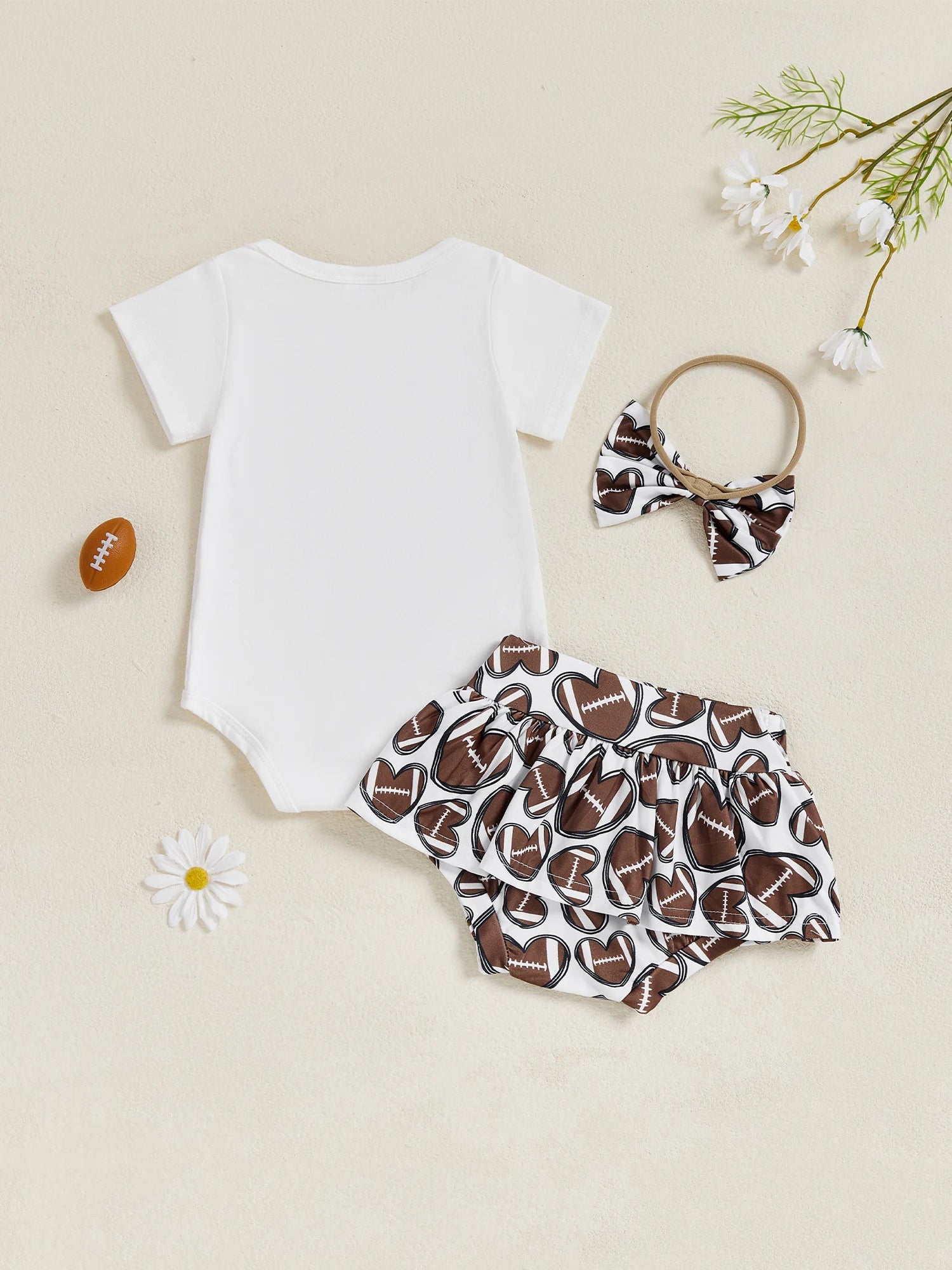 Baby Girls 3Pcs Touch Down Outfit Football Letter Print Romper Skirted Shorts Skort and Headband Bow Set