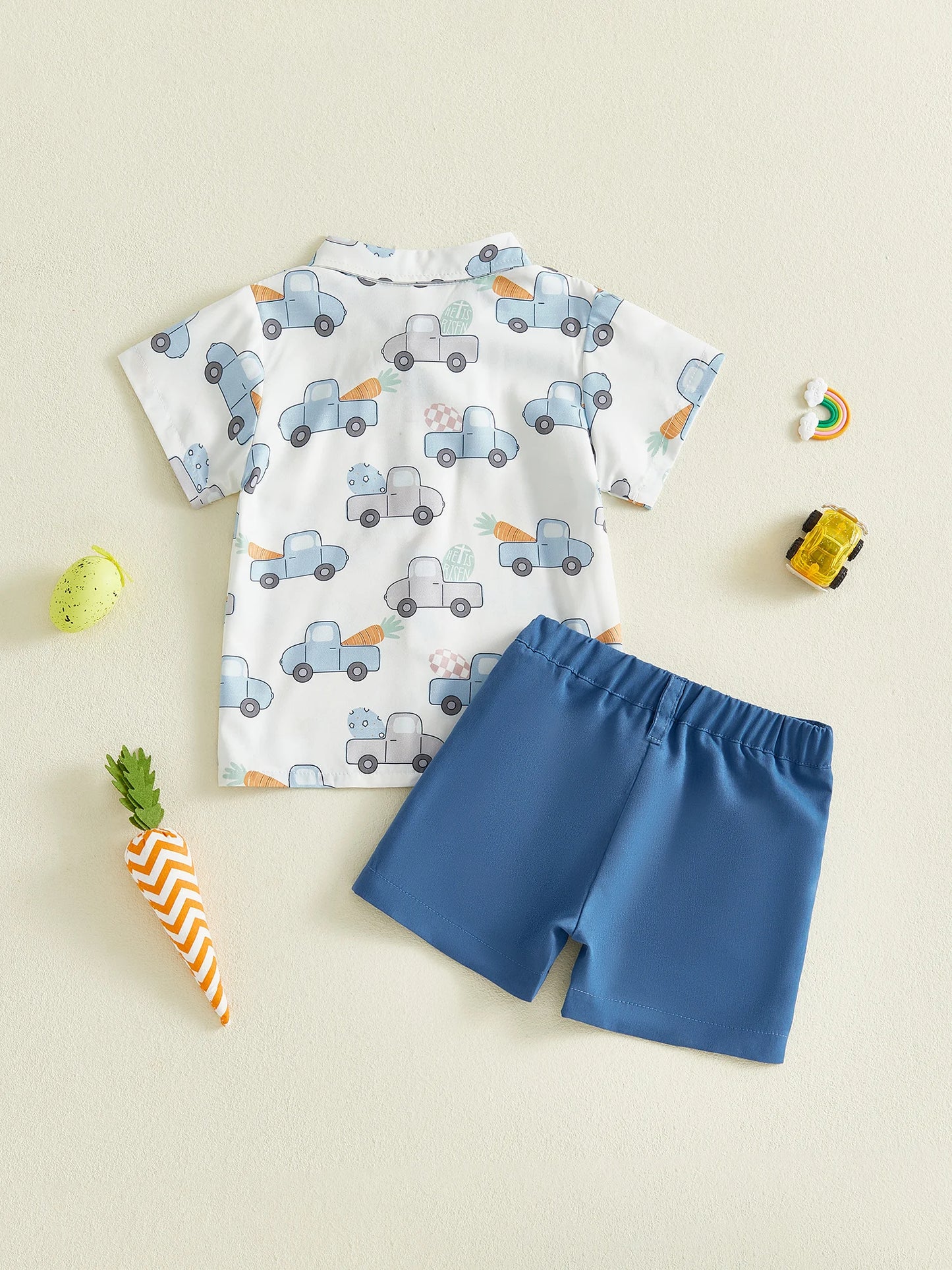 Baby Toddlers Boys 2Pcs Easter Outfit Short Sleeve Car Print Button-down Shirt with Elastic Waist Shorts Set