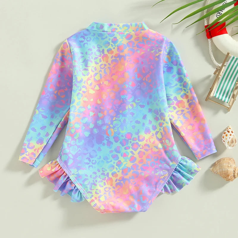 Baby Toddler Kids Girl Swimsuit Fish Scale Print Ruffles Long Sleeve Zipper Jumpsuit Swimwear Beachwear Romper