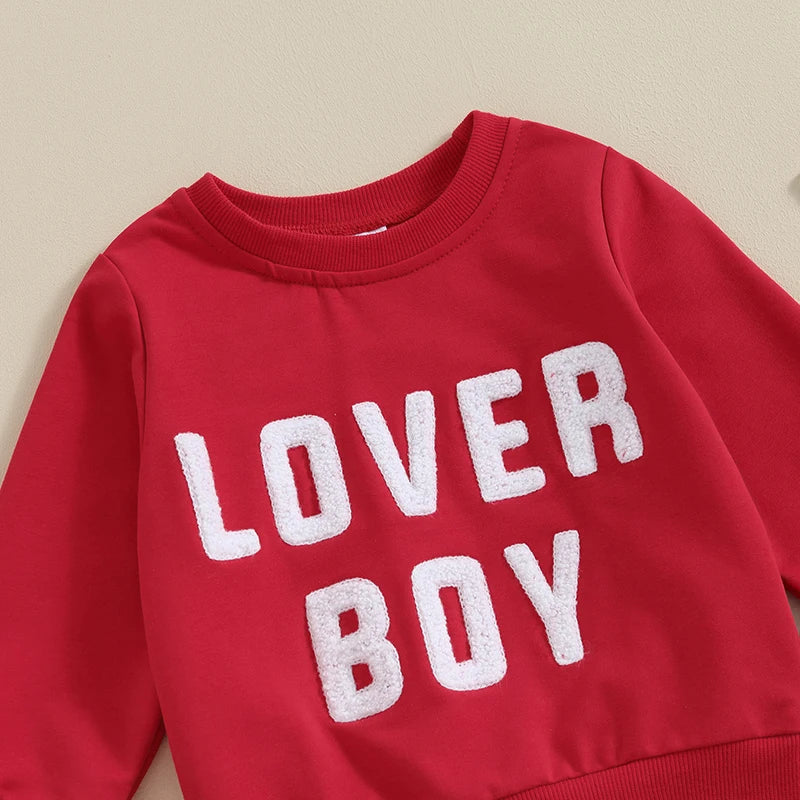 Baby Toddler Boys 2Pcs Valentine’s Day Outfit Long Sleeve Letters Lover Boy Crew Neck Top + Jogger Pants Set