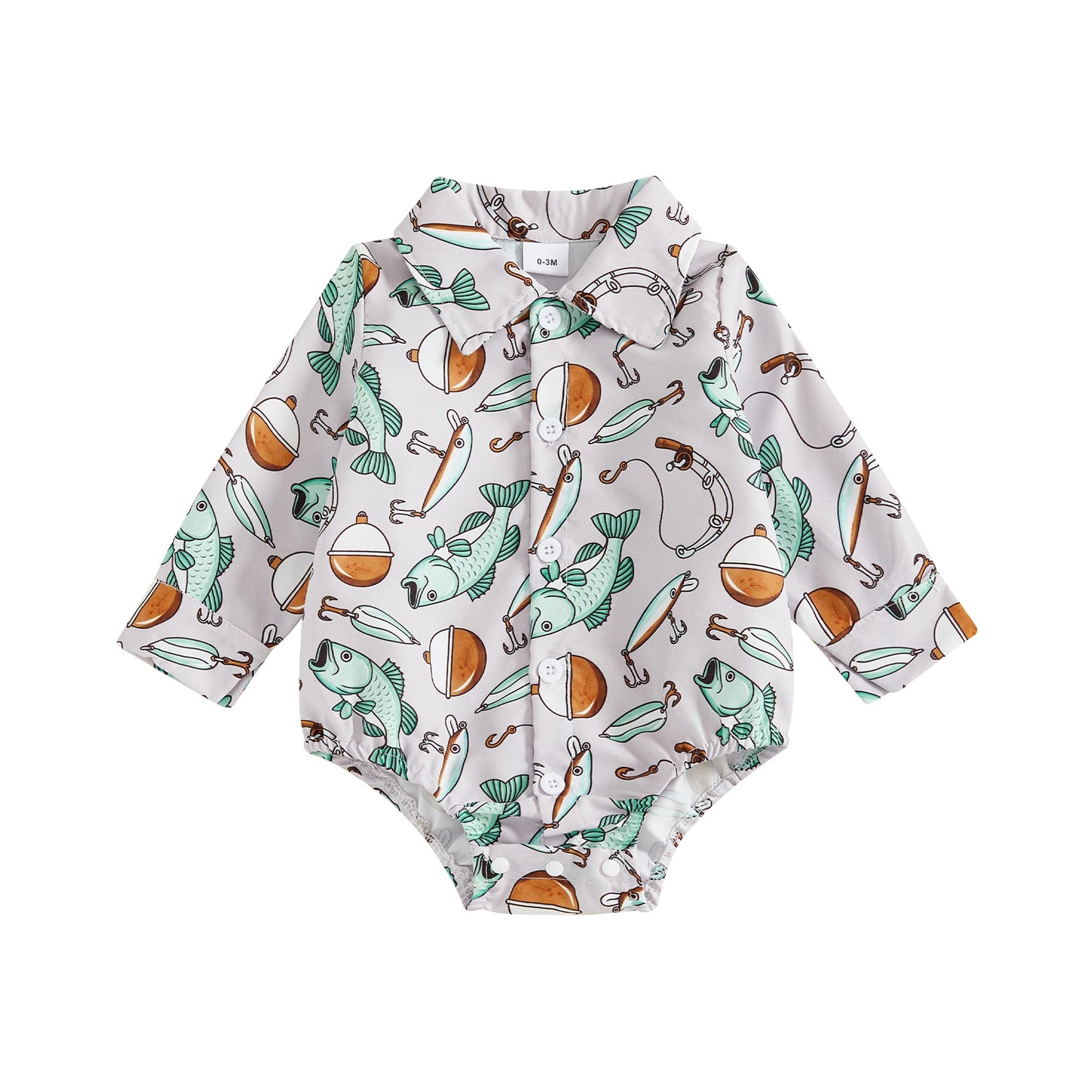 Baby Boys Girls Romper Long Sleeve Lapel Collar Fish Print Bodysuit Fall Playsuit