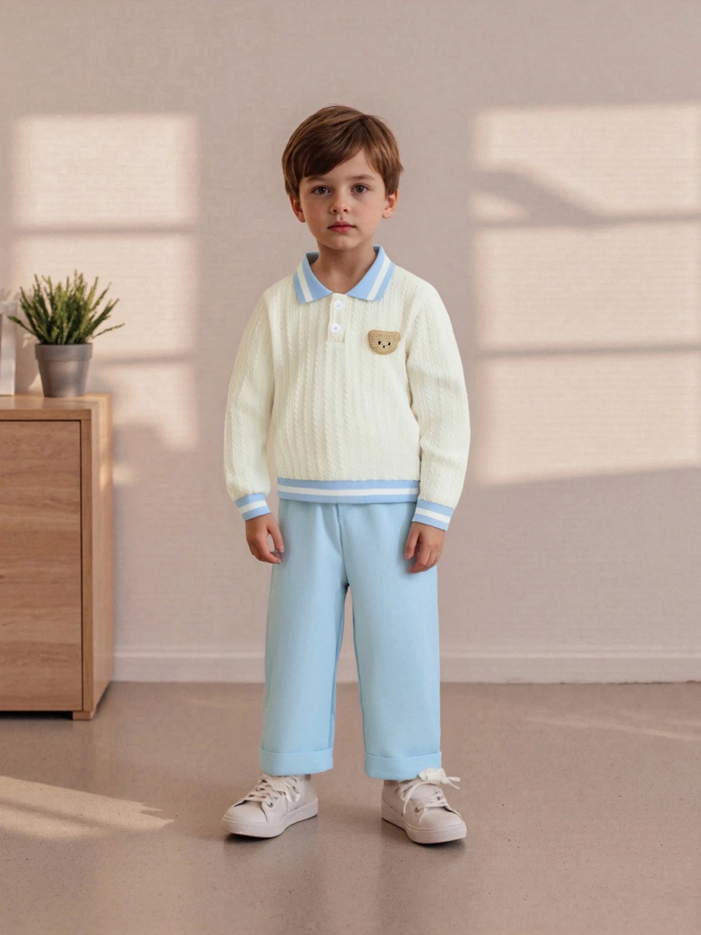 Baby Toddler Boys 2Pcs Fall Outfit Long Sleeve Bear Embroidery Lapel Top + Pants Set