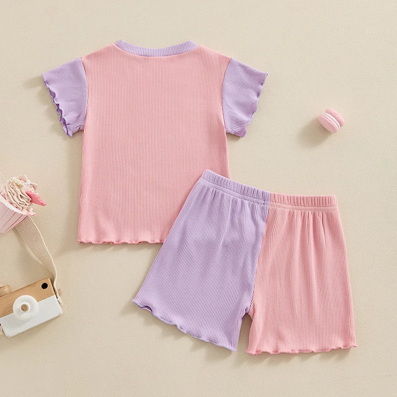 Baby Toddler Girls 2Pcs Contrast Color Short Sleeve Crew Neck Top Frilly Sleeves with Shorts Summer Outfit Set