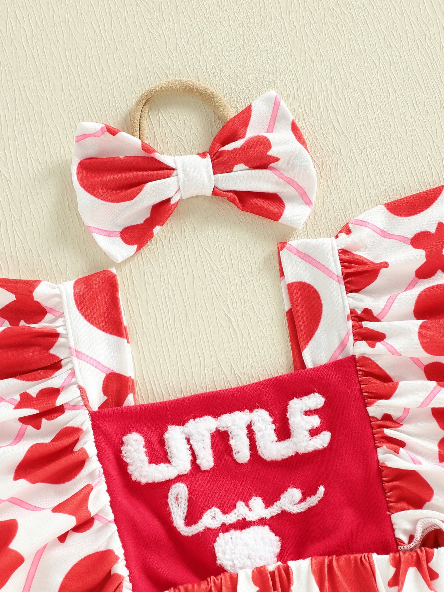 Baby Girls 2Pcs Little Love Valentine's Day Romper Flutter Sleeve Letter Embroidery Heart Print Jumpsuits with Bow Headband Set