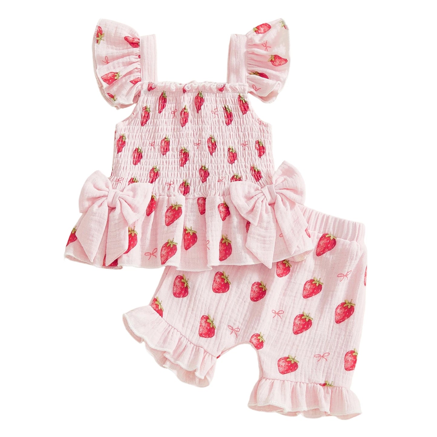 Baby Toddler Girl 2Pcs Summer Outfits Ruffle Sleeveless Cherries Fruit Print Smocked Top Shorts Set Clothes